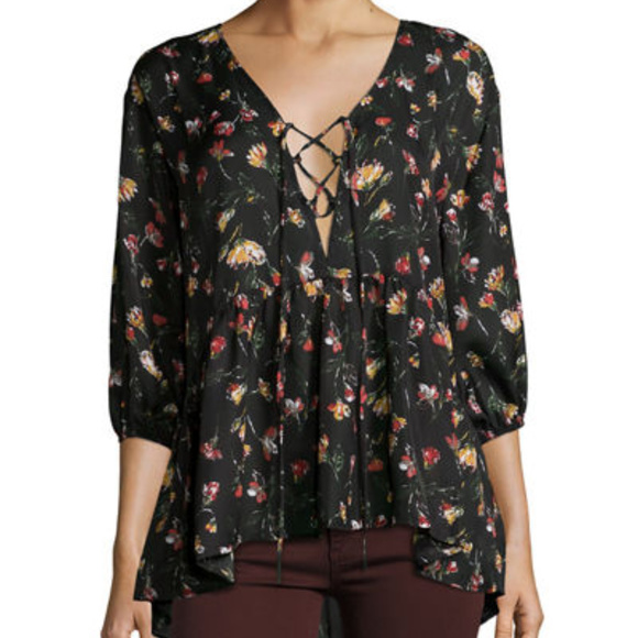 Lucca Couture Lace-Up Floral-Print Blouse NWT - Picture 1 of 5